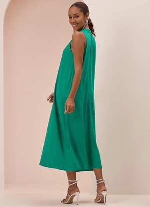 Lunender - Vestido Midi Chá com Gola em Viscose Verde - LUNENDER