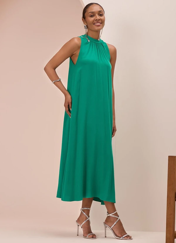 Lunender - Vestido Midi Chá com Gola em Viscose Verde