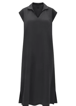 Lunender - Vestido Midi Chá com Gola Texturizada Cinza - LUNENDER