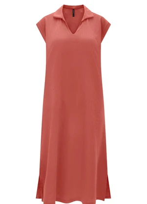 Lunender - Vestido Midi Chá com Gola Texturizada Laranja - LUNENDER