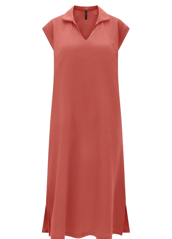 Lunender - Vestido Midi Chá com Gola Texturizada Laranja
