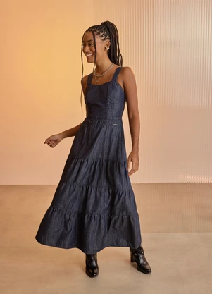 Lunender - Vestido Midi Chá de Alças em Jeans Azul - LUNENDER