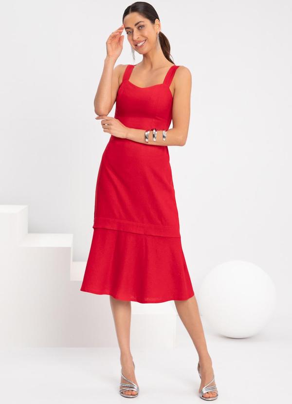Lunender - Vestido Midi Chá Elástico Costas Linho Vermelho