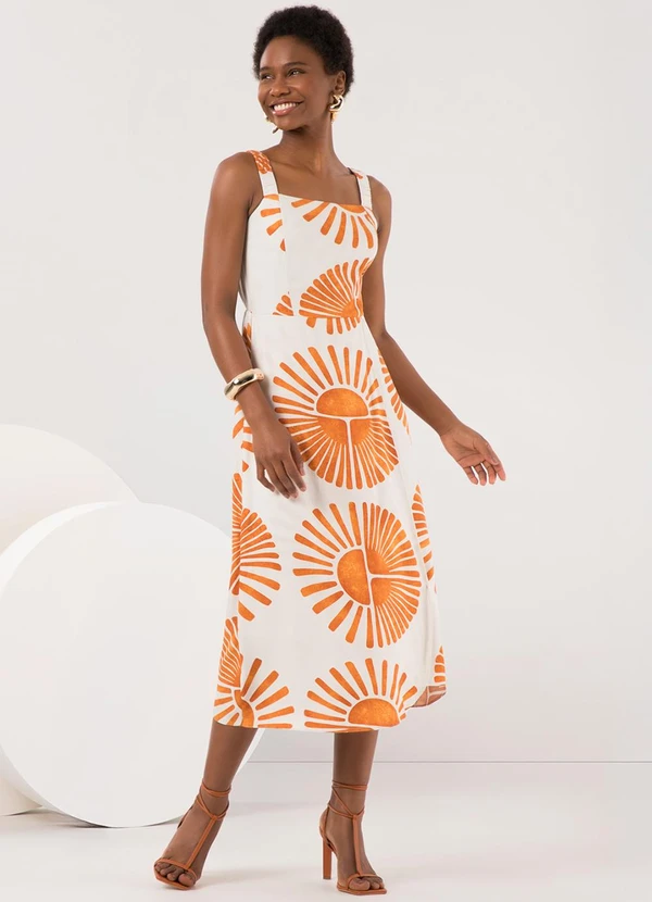 Lunender - Vestido Midi Chá Estampado com Alças Amarelo