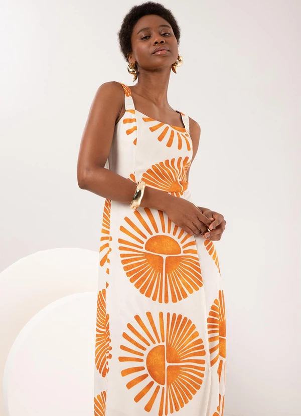 Lunender - Vestido Midi Chá Estampado com Alças Amarelo 3