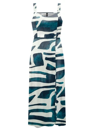 Lunender - Vestido Midi Chá Estampado com Alças Azul - LUNENDER