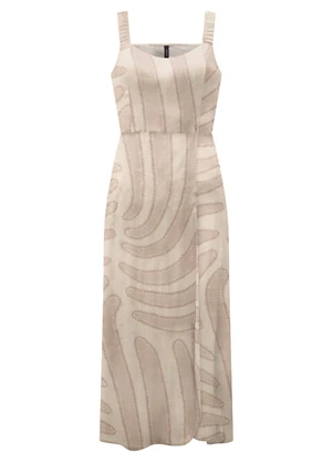 Lunender - Vestido Midi Chá Estampado com Alças Bege - LUNENDER