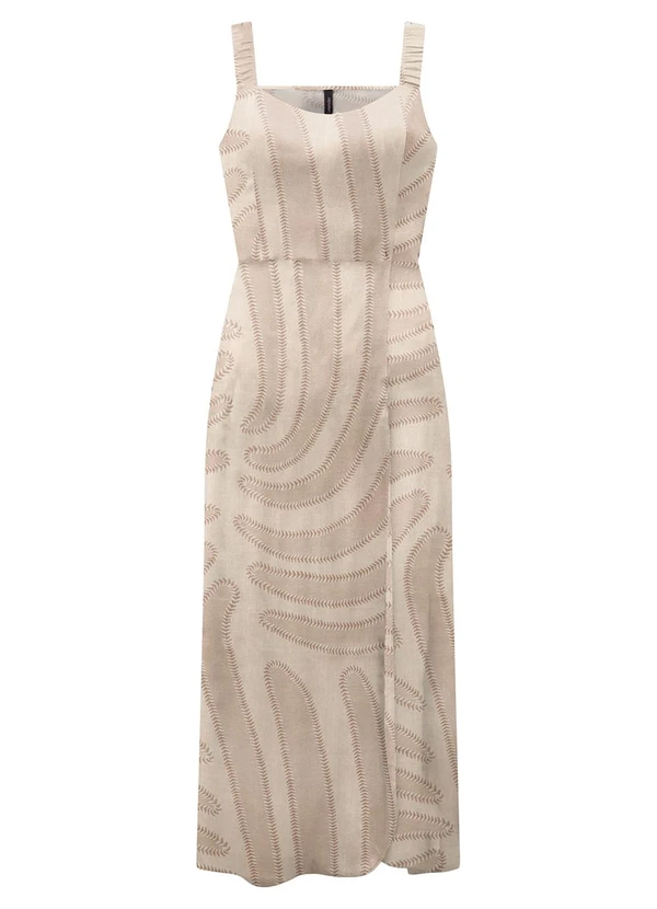 Lunender - Vestido Midi Chá Estampado com Alças Bege