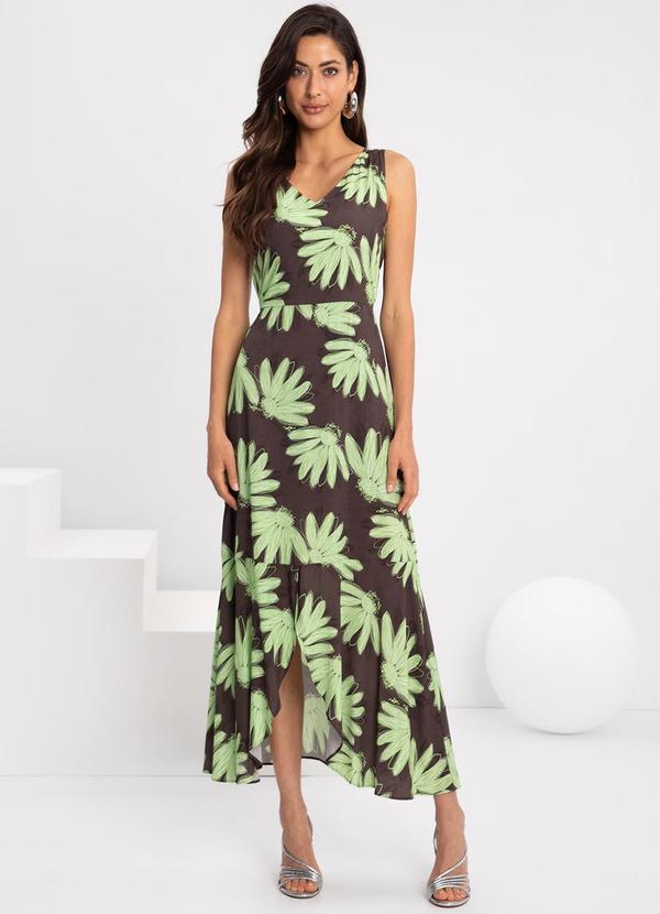 Lunender - Vestido Midi Chá Fenda Frontal Decote V Verde