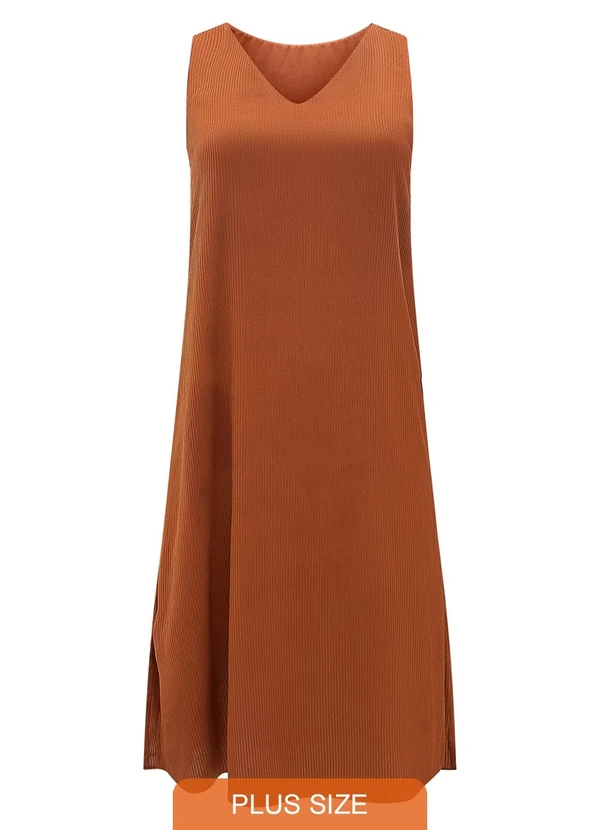 Lunender Mais Mulher - Vestido Midi Chá Plus Size sem Mangas Marrom
