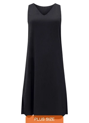 Lunender Mais Mulher - Vestido Midi Chá Plus Size sem Mangas Preto - LUNENDER MAIS MULHER