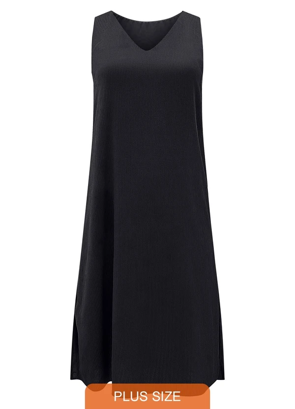 Lunender Mais Mulher - Vestido Midi Chá Plus Size sem Mangas Preto