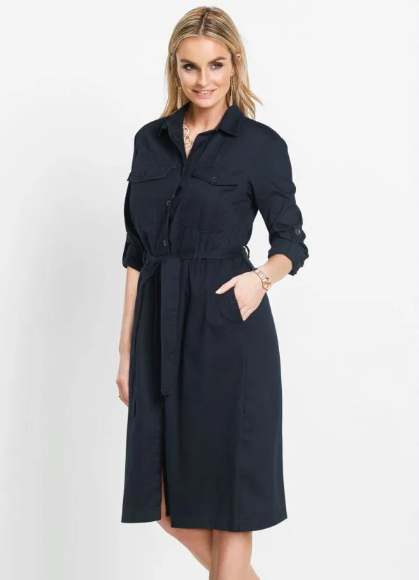 bonprix - Vestido Midi Chemise com Faixa Azul 8