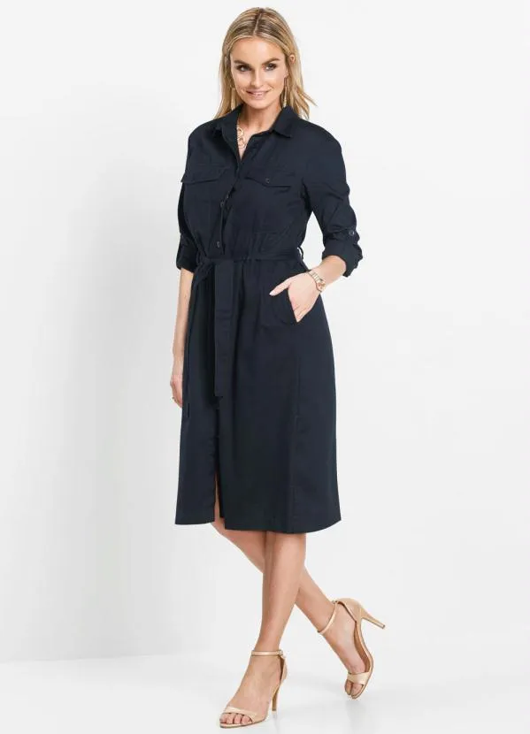 bonprix - Vestido Midi Chemise com Faixa Azul 5