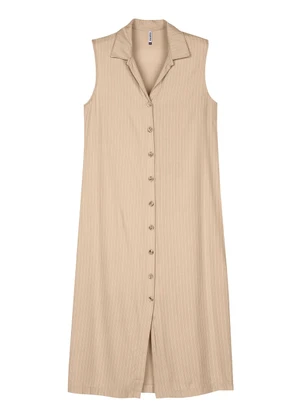 Marialícia - Vestido Midi Chemise Feminino Listrado Bege - MARIALÍCIA