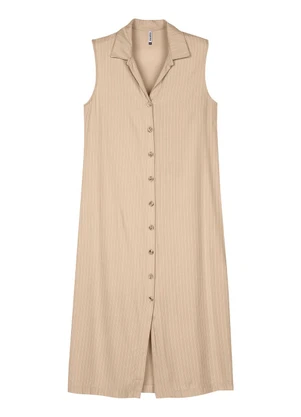 Marialícia - Vestido Midi Chemise Feminino Listrado Bege - MARIALÍCIA