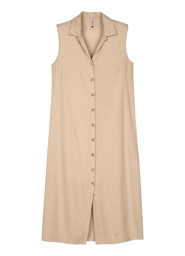 Marialícia - Vestido Midi Chemise Feminino Listrado Bege