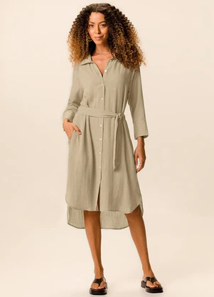 Malwee - Vestido Mídi Chemise Texturizado Areia - MALWEE