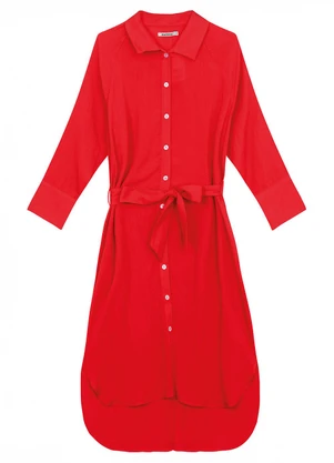 Malwee - Vestido Mídi Chemise Texturizado Vermelho - MALWEE