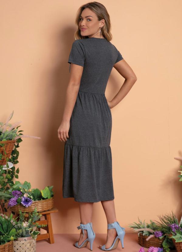 Quintess - Vestido Midi Chumbo com Babados e Mangas Curtas 2