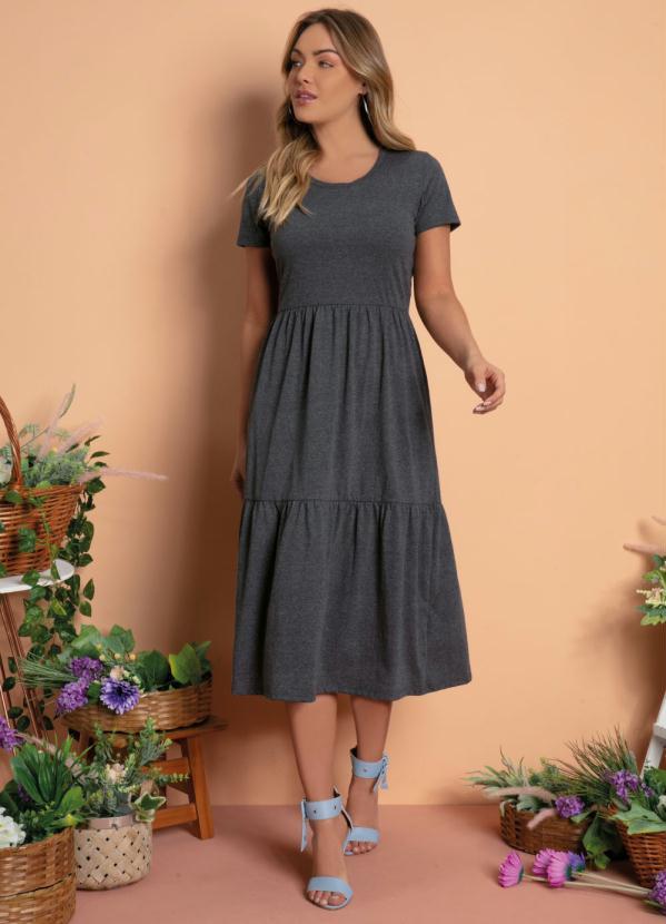 Quintess - Vestido Midi Chumbo com Babados e Mangas Curtas 3