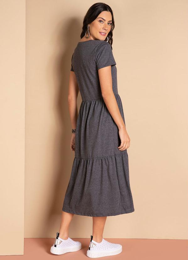 Quintess - Vestido Midi Chumbo com Babados e Mangas Curtas 5