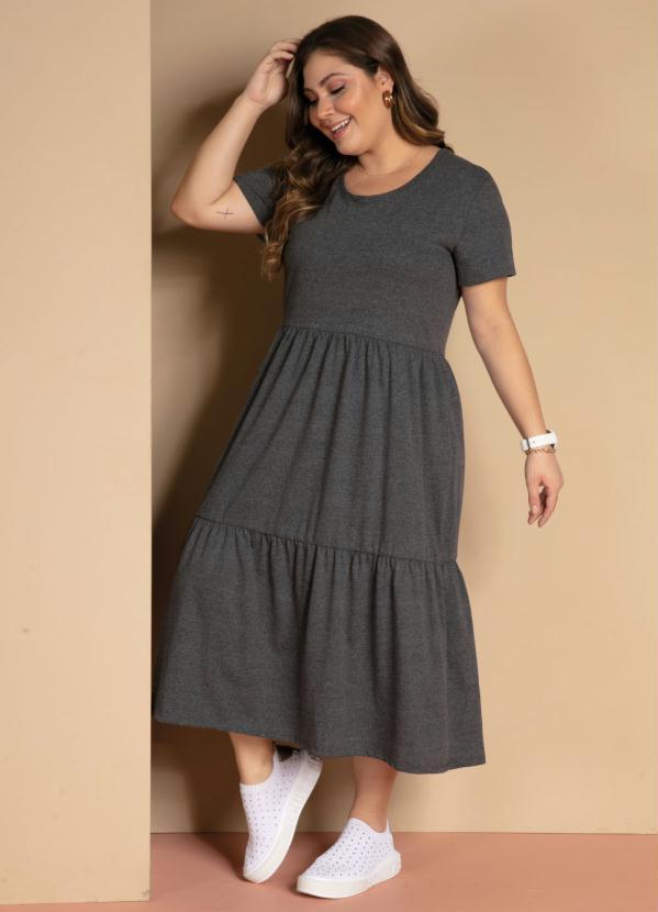 Quintess - Vestido Midi Chumbo com Babados e Mangas Curtas 6