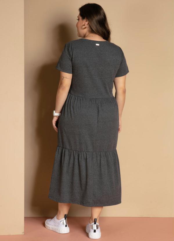 Quintess - Vestido Midi Chumbo com Babados e Mangas Curtas 7