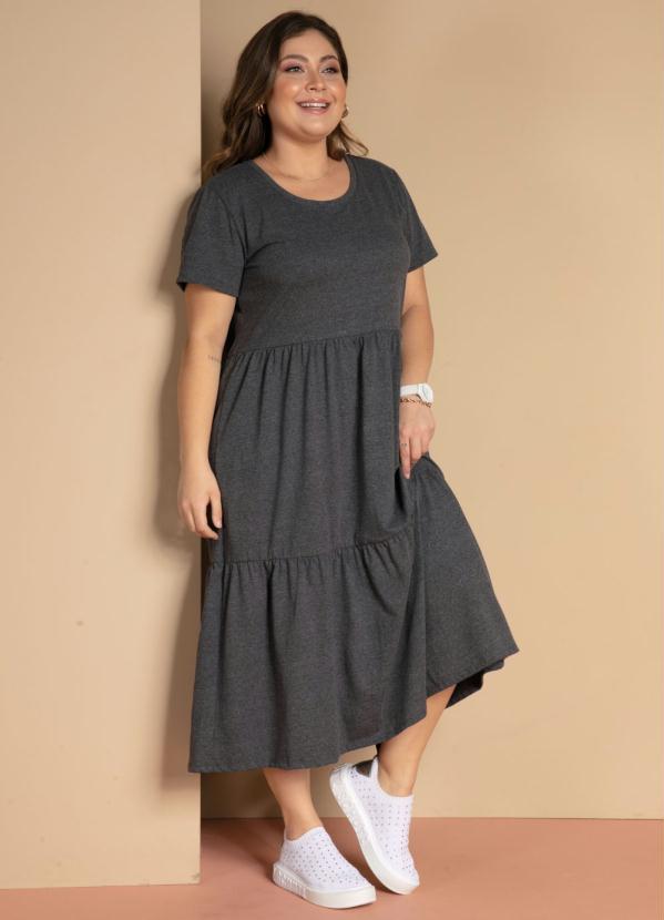 Quintess - Vestido Midi Chumbo com Babados e Mangas Curtas 8