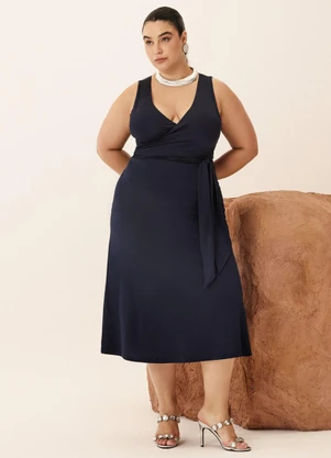 Elegance - Vestido Midi Classic de Malha Traspassado Azul - ELEGANCE