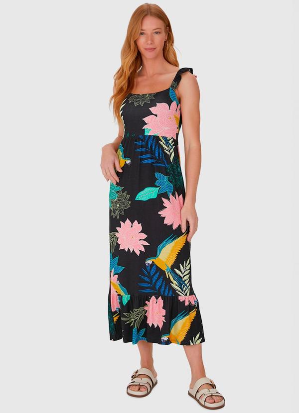 Malwee - Vestido Midi com Alça Babado em Viscose Preto