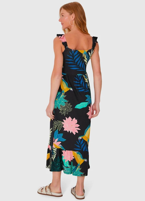 Malwee - Vestido Midi com Alça Babado em Viscose Preto 2