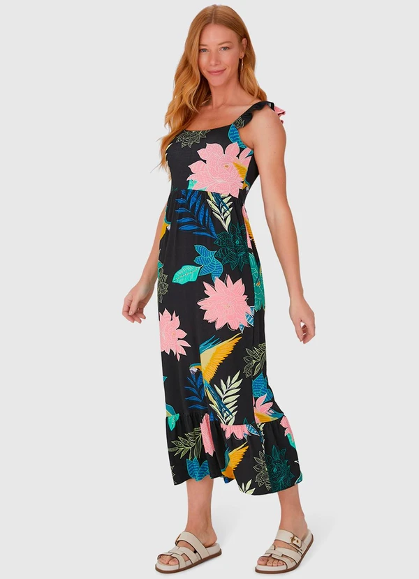 Malwee - Vestido Midi com Alça Babado em Viscose Preto 3