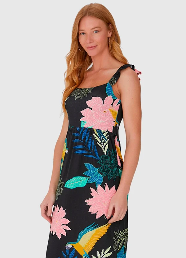 Malwee - Vestido Midi com Alça Babado em Viscose Preto 4