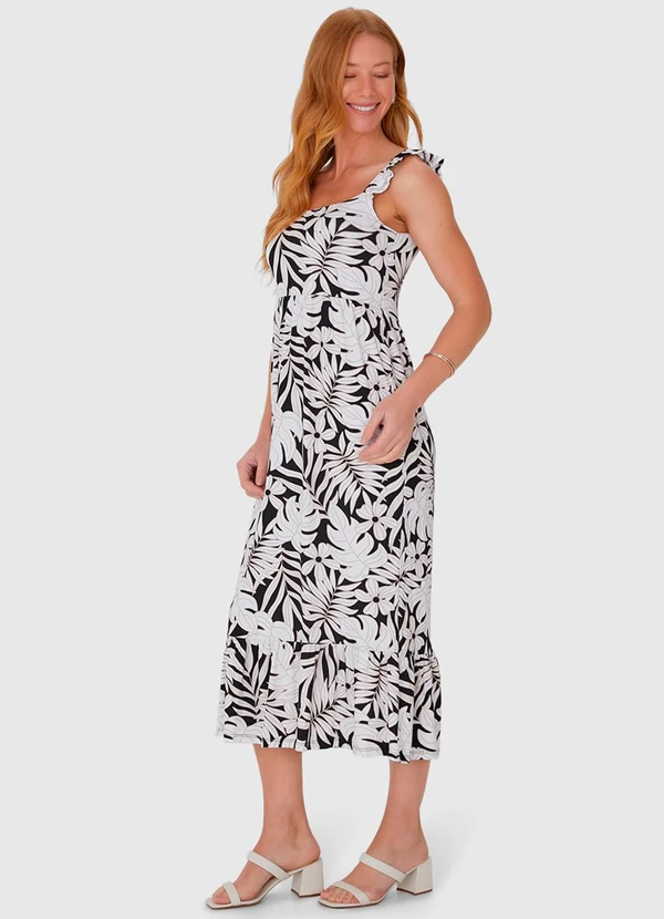 Malwee - Vestido Midi com Alça Babado em Viscose Preto 3