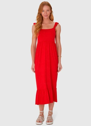 Malwee - Vestido Midi com Alça Babado em Viscose Vermelho - MALWEE