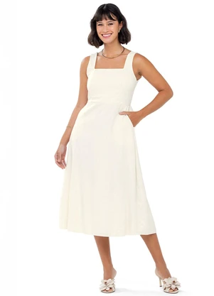 Outlet - Vestido Midi com Alças Adulto Feminino Branco - OUTLET