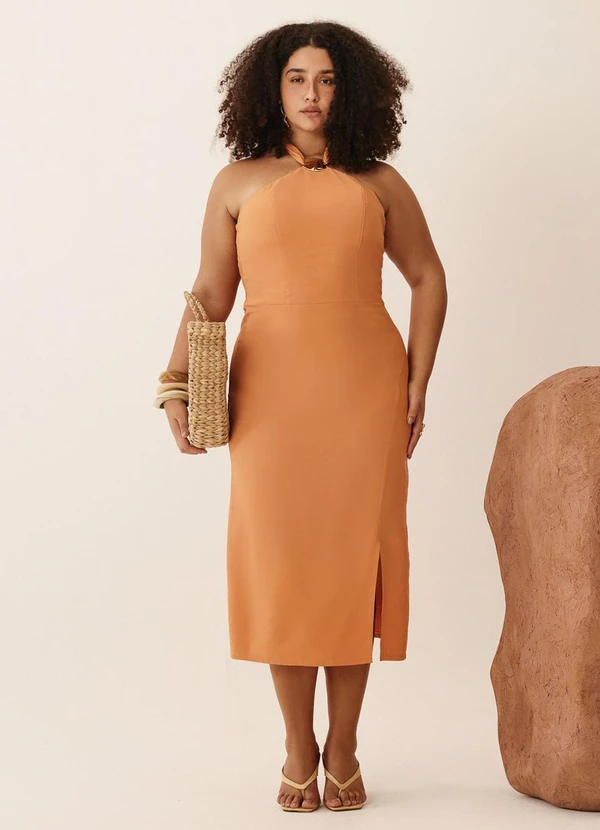 Elegance - Vestido Midi com Amarração Lenço Laranja Terroir