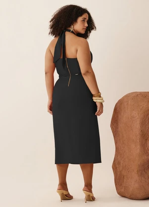 Elegance - Vestido Midi com Amarração Lenço Preto - ELEGANCE