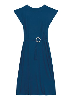Malwee - Vestido Mídi com Cinto Azul Escuro - MALWEE