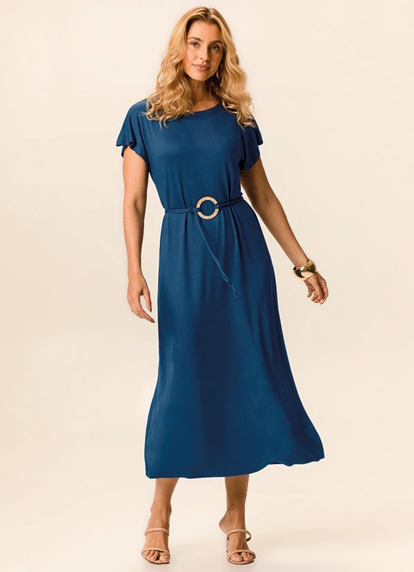 Malwee - Vestido Mídi com Cinto Azul Escuro
