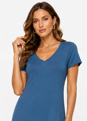 Rovitex - Vestido Midi com Decote em V Malha Visco Azul - ROVITEX