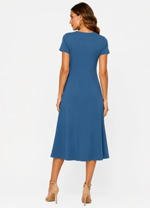 Rovitex - Vestido Midi com Decote em V Malha Visco Azul - ROVITEX