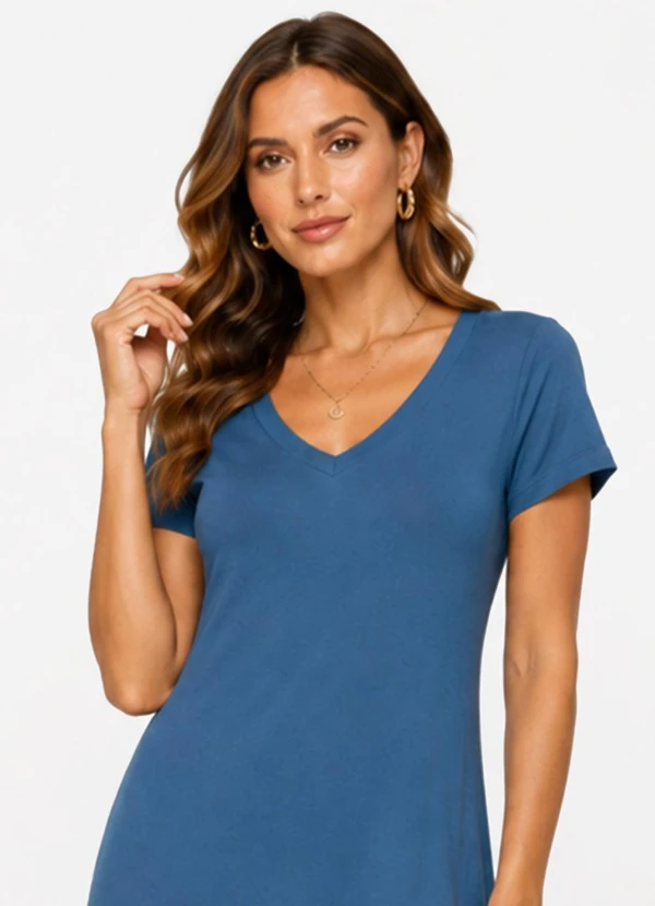 Rovitex - Vestido Midi com Decote em V Malha Visco Azul