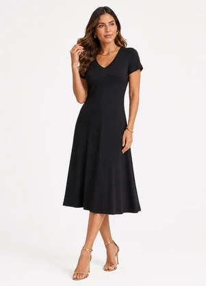 Rovitex - Vestido Midi com Decote em V Malha Visco Preto - ROVITEX