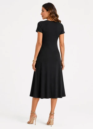 Rovitex - Vestido Midi com Decote em V Malha Visco Preto - ROVITEX