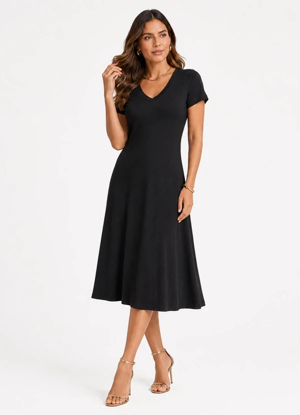 Rovitex - Vestido Midi com Decote em V Malha Visco Preto