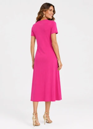 Rovitex - Vestido Midi com Decote em V Malha Visco Rosa - ROVITEX
