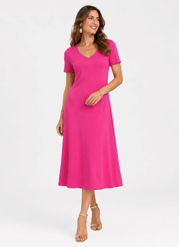 Rovitex - Vestido Midi com Decote em V Malha Visco Rosa