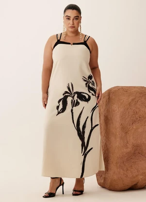 Elegance - Vestido Midi com Decote V em Metal Bege Quaker - ELEGANCE